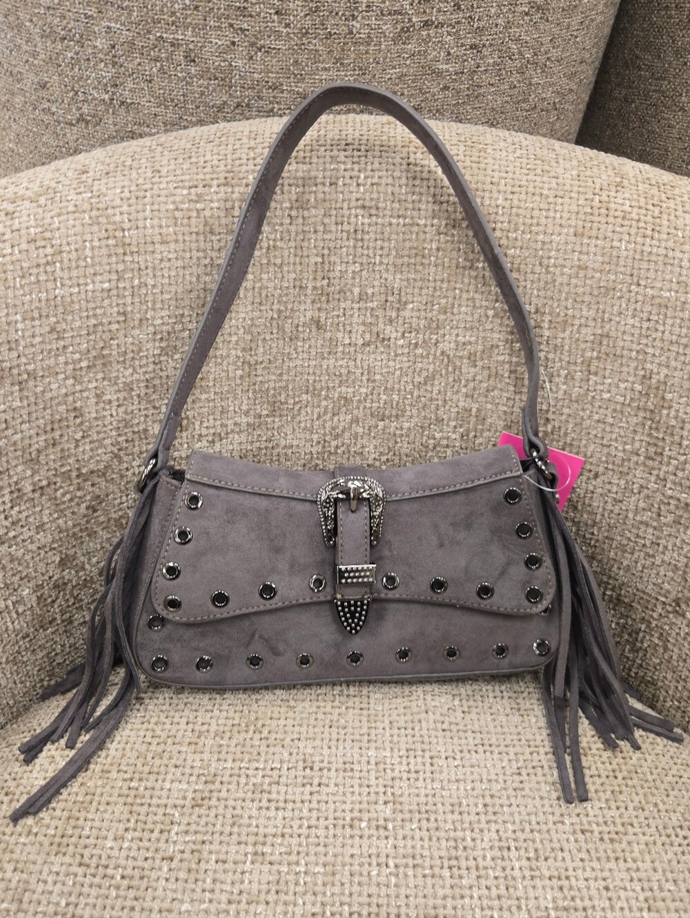 Betsey Johnson Gray Suede Studded Fringe Shoulder Bag